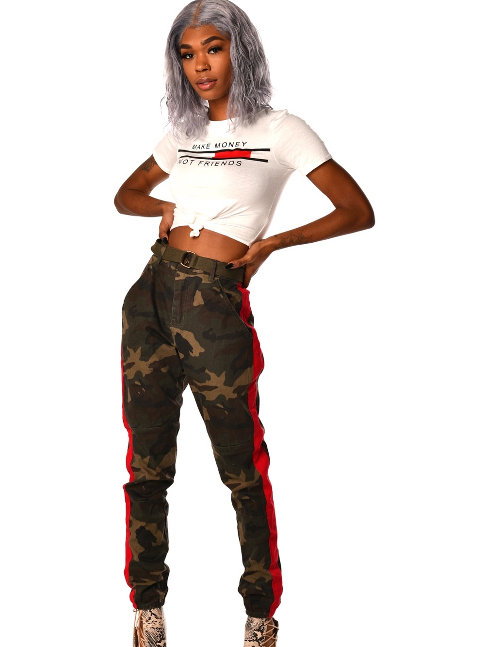 Camo Cargo Pants with Red Side Stripe